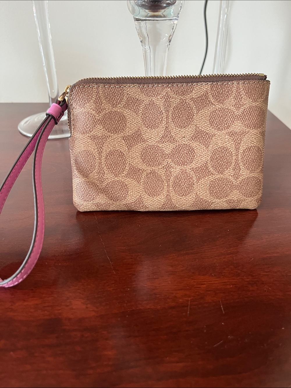 Coach Brown Signature Canvas Wristlet with Pink Center Stripe - Picture 2 of 3